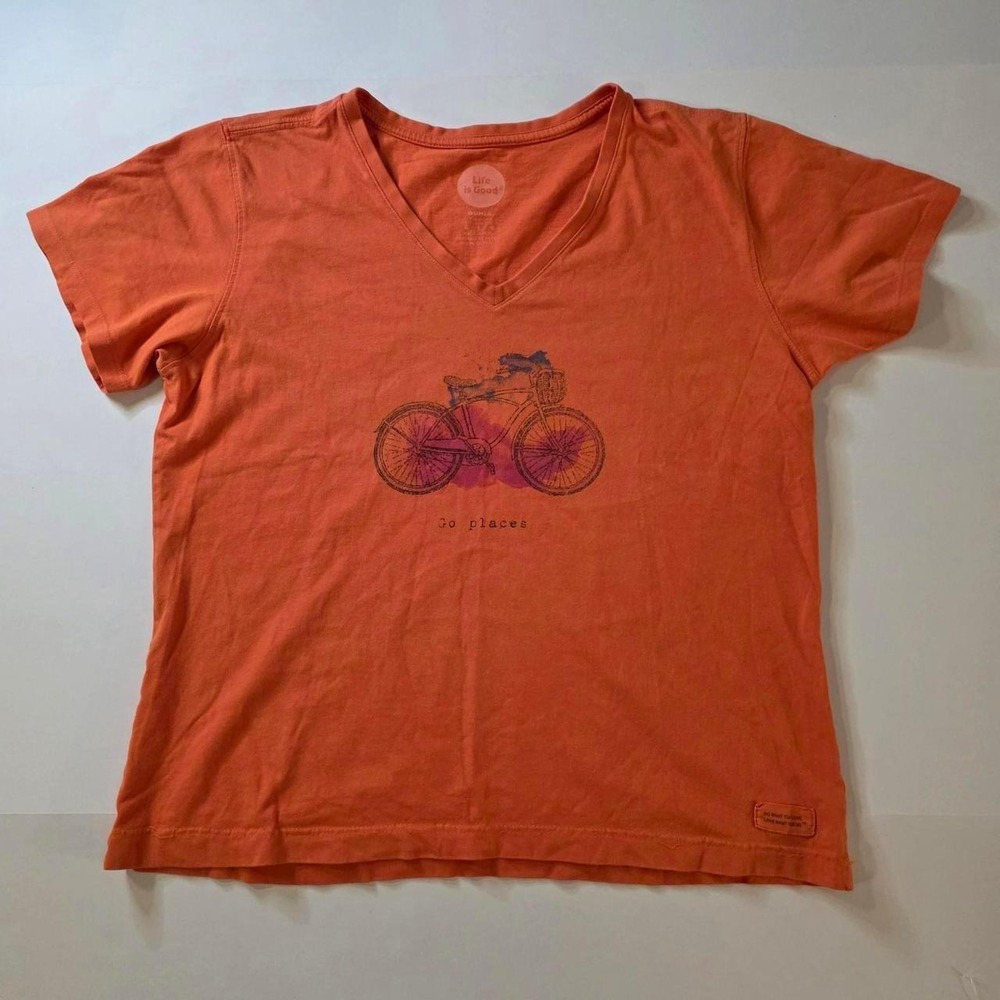 Life is Good Womens Orange Go Places Bicycle Graphic V-Neck T-Shirt Large
